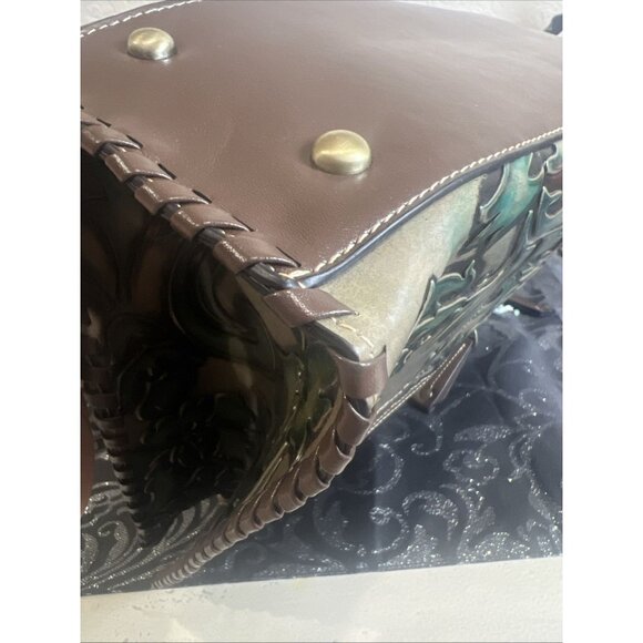 Madi Claire MC Genuine Leather Green Ivy Embossed Shoulder Bag Tassel EUC - Picture 7 of 12